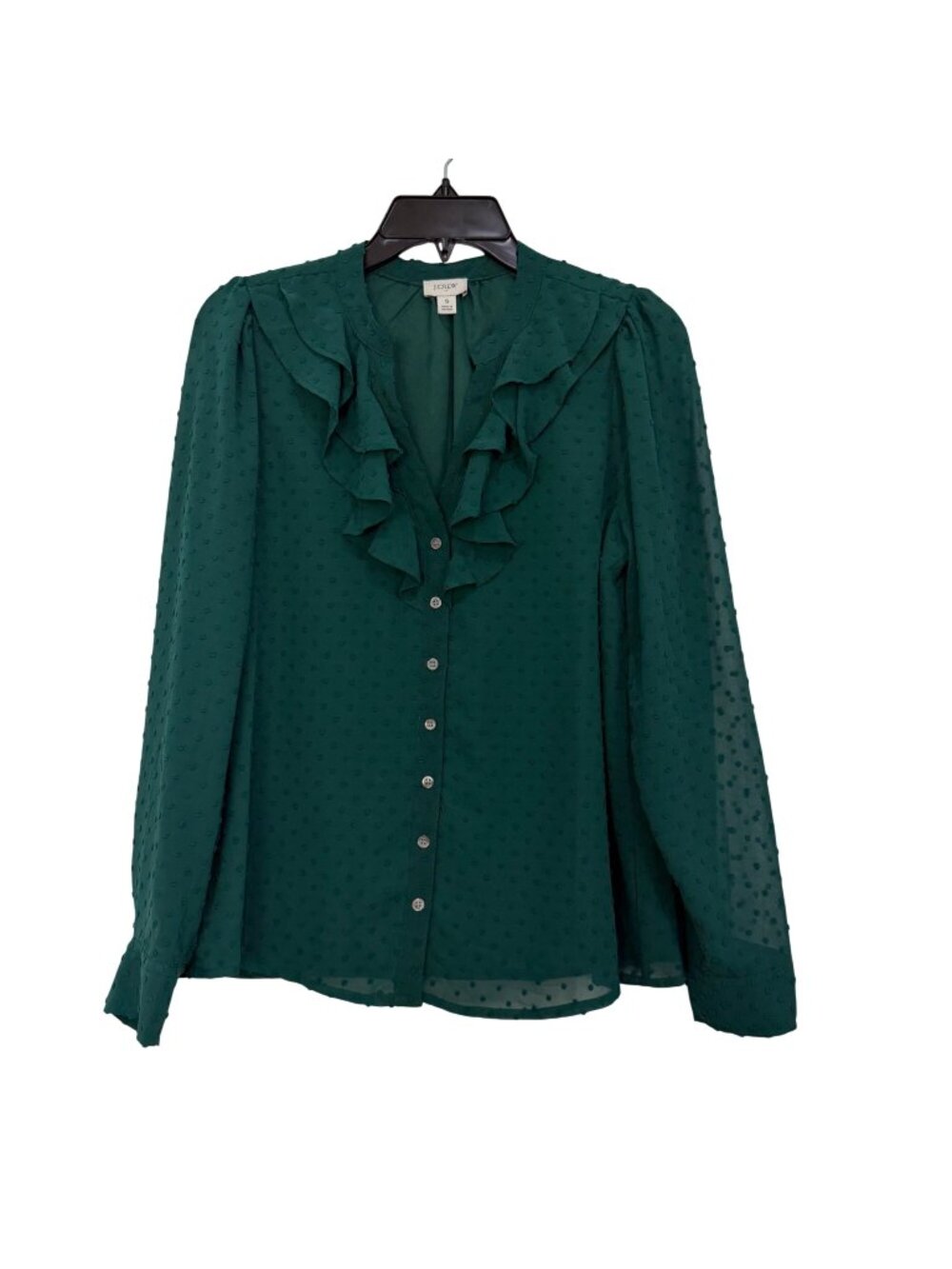 J.Crew Green Swiss Dot Ruffle-Front Button-Up Blouse Long Sleeve Womens SZ Small